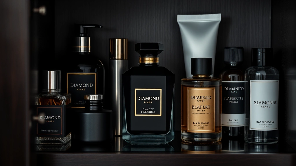 black diamond cologne - 
Organized fragrance storage setup with black diamond cologne bottle in cool dar