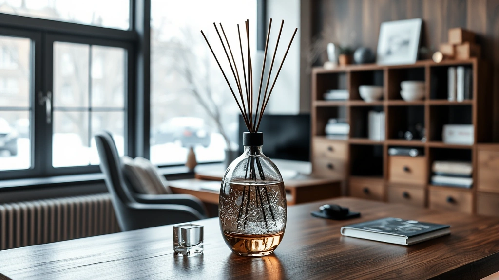 black ice fragrance oil -
Reed diffuser with black ice oil in contemporary home office with winter aesthe