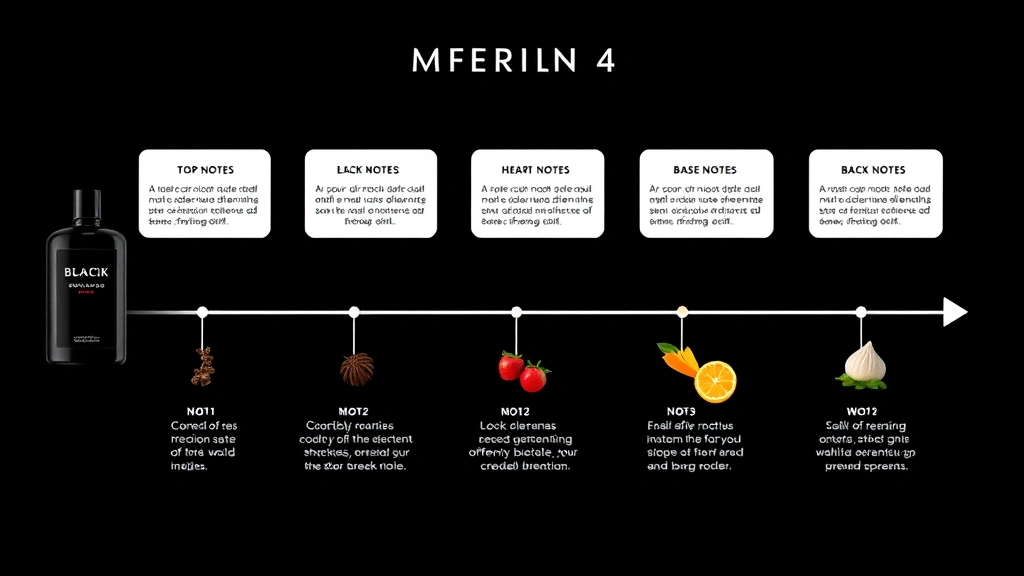 black noir cologne -
Infographic showing black noir fragrance development timeline with top notes, h