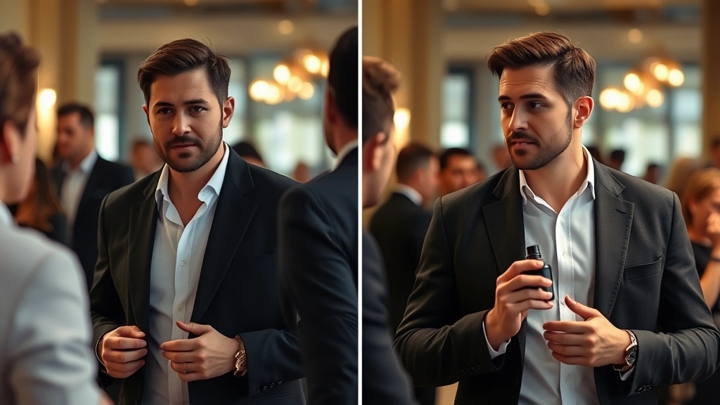 black noir cologne -
Before and after split-screen showing man’s confidence transformation whe