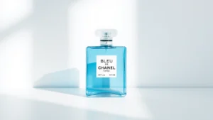 bleu de chanel cologne - Bleu de Chanel Cologne bottle on minimalist white background with soft shadow