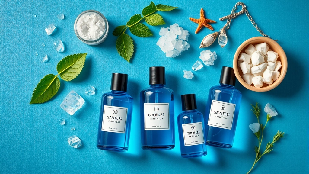 blue fragrances for women - 
Overhead flat lay of blue fragrance bottles next to aquatic elements like water