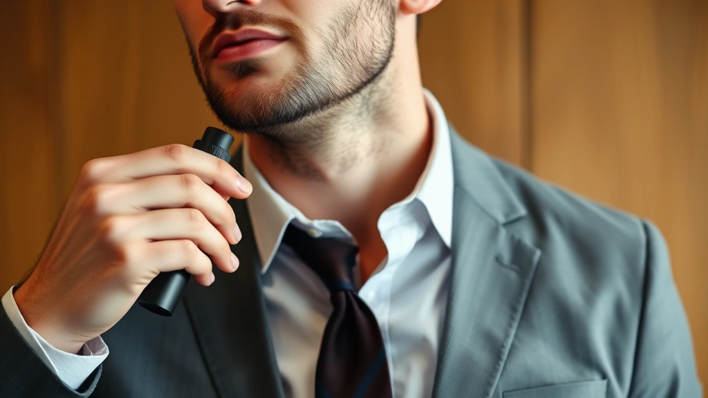 blue mens cologne -
Man in business casual outfit with subtle fragrance mist being applied to neck