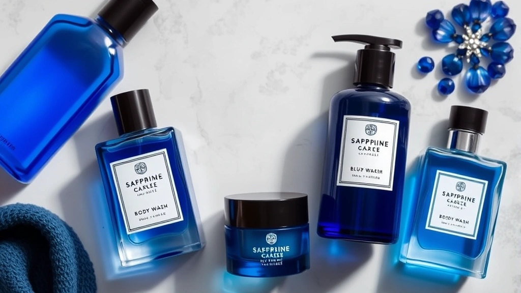blue sapphire cologne - 
Flat lay of blue sapphire cologne with complementary grooming products like bod