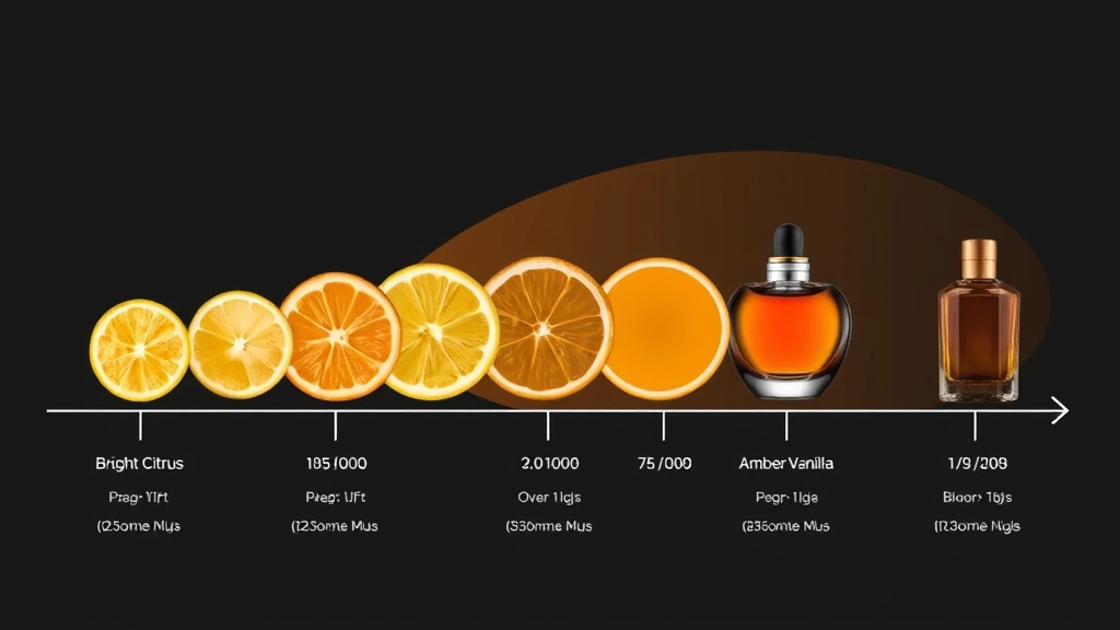 blue talisman cologne -
Timeline visual showing fragrance evolution: bright citrus opening transitionin