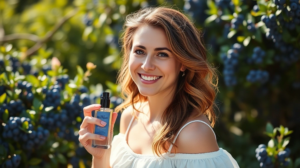 blueberry fragrance perfume - 
Woman wearing blueberry fragrance in a sunny garden setting, smiling naturally,