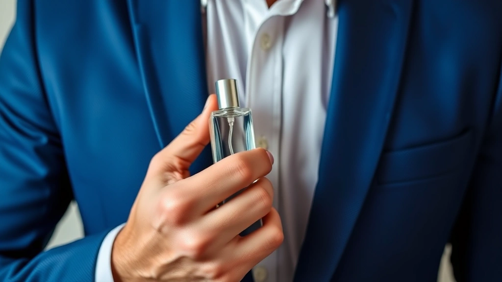bod cologne - 
Man applying cologne to wrist pulse point, professional casual outfit, morning 