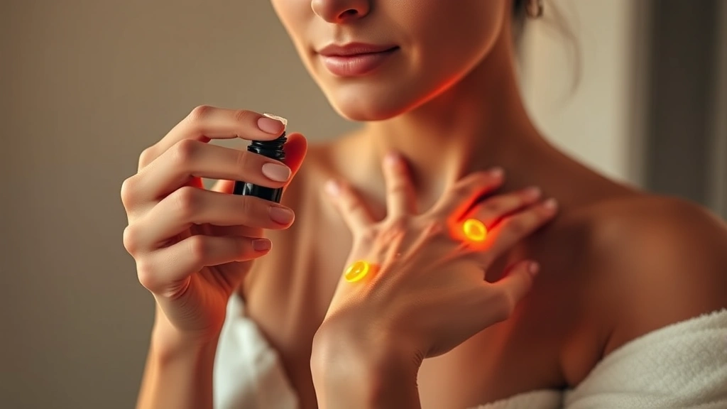 body oil fragrance - 
Woman applying body oil fragrance to pulse points on wrist and neck, showing pr