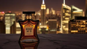 bond no 9 fragrance - Elegant Bond No 9 fragrance bottle on marble surface with NYC skyline backdrop