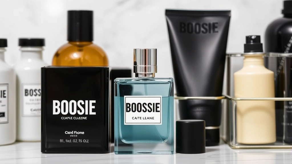 boosie cologne - 
Boosie cologne bottles displayed with complementary grooming products and stora