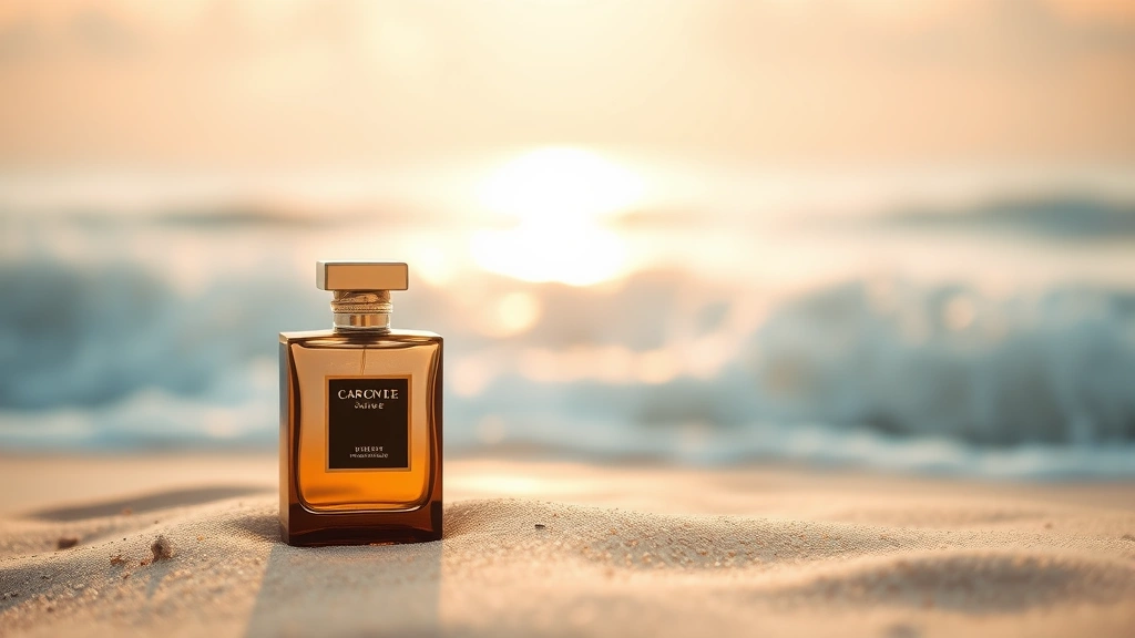 bora bora fragrance - 
Luxury fragrance bottle on sandy beach with ocean waves in soft focus backgroun