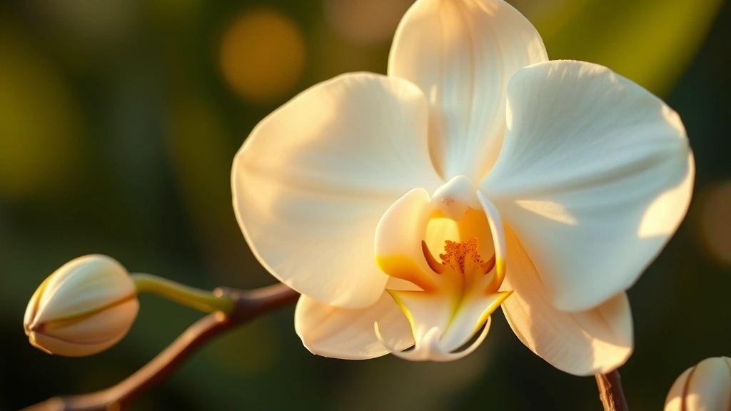 bora bora fragrance - 
Creamy vanilla orchid flower with coconut texture and soft golden lighting, lux