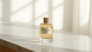 bottega veneta fragrance - Minimalist Bottega Veneta fragrance bottle on marble surface with soft natural l