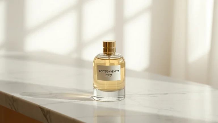 bottega veneta fragrance - Minimalist Bottega Veneta fragrance bottle on marble surface with soft natural l