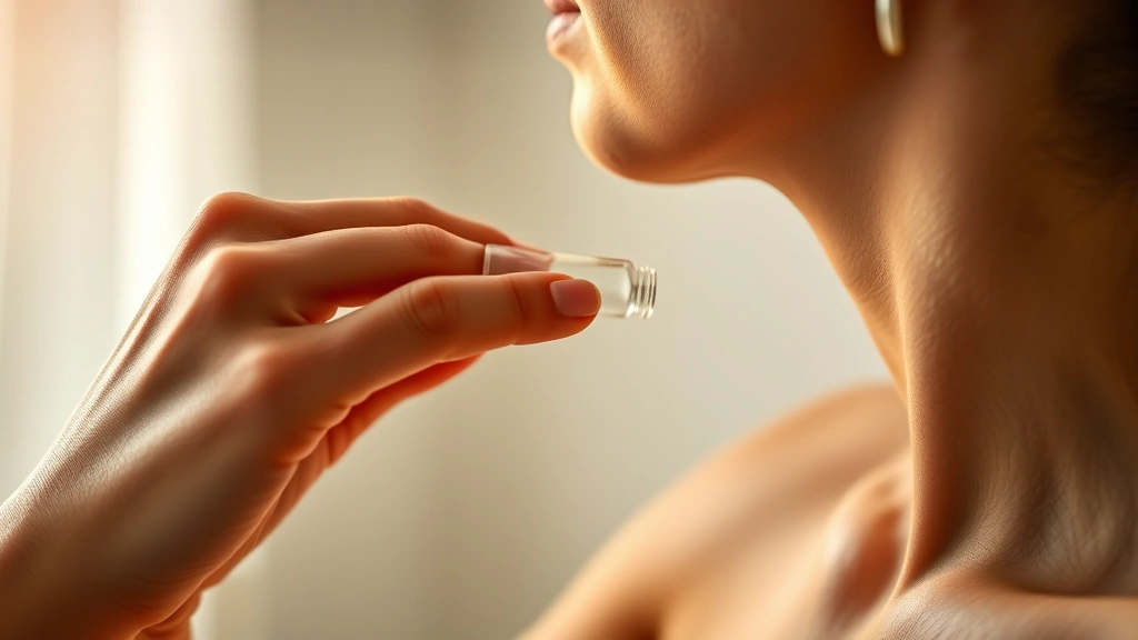 bottled fragrance - 
Close-up of person applying fragrance to pulse points: inner wrist, neck behind