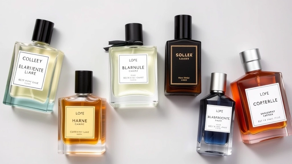 bottles of cologne - 
Flat lay arrangement of 5 different cologne bottles in various styles and color