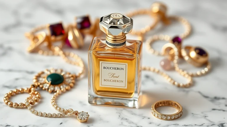 boucheron fragrance - Luxury Boucheron fragrance bottle with jewelry elements on marble surface