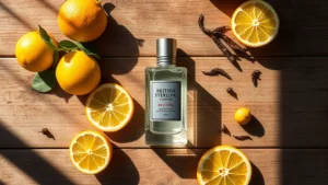 british sterling cologne - Overhead flat lay of a British Sterling Cologne bottle on a natural wood surface