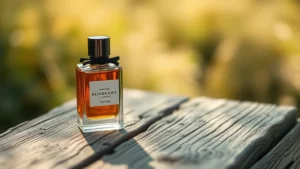 burberry cologne for men - Burberry cologne bottle on weathered wooden surface with soft natural lighting,