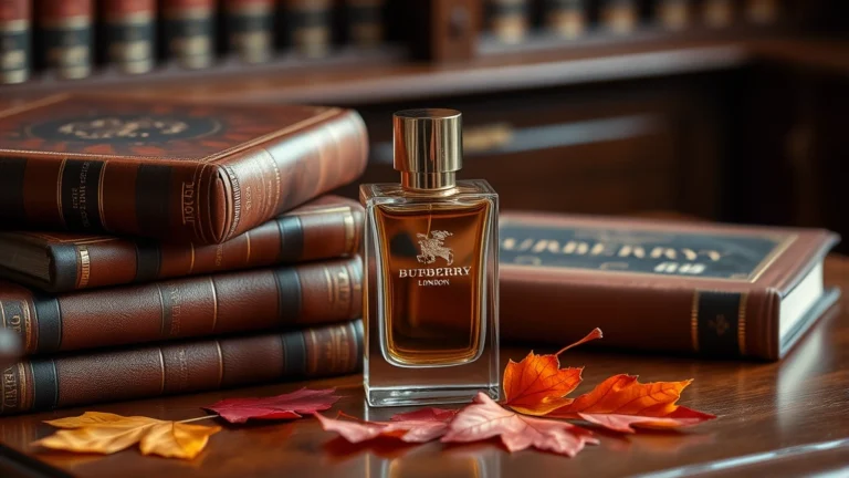 burberry london fragrance - Elegant Burberry London fragrance bottle on mahogany desk with leather-bound boo