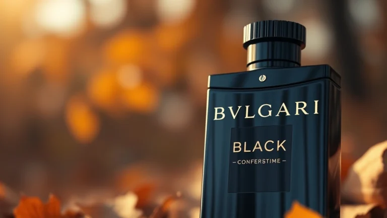 bvlgari black cologne - Close-up of Bvlgari Black Cologne bottle against warm autumn background with amb
