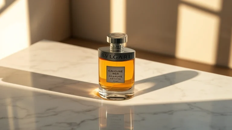 bvlgari men's cologne - Bvlgari men's cologne bottle on light marble surface with morning sunlight casti