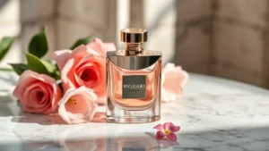 bvlgari women's fragrance - Elegant Bvlgari fragrance bottle on marble surface with soft natural lighting an