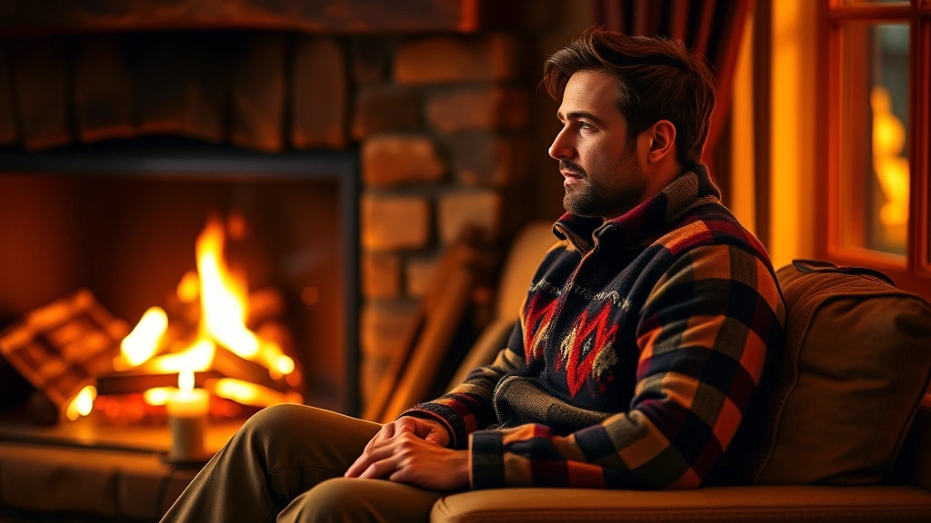by the fireplace cologne - 
Man wearing by the fireplace cologne sitting by a real fireplace, relaxed eveni