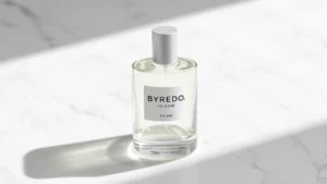 byredo cologne - Minimalist clear glass Byredo Cologne bottle with subtle branding on white marbl