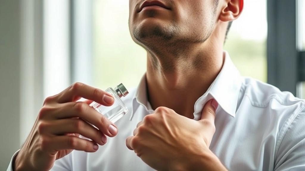 cal cologne - 
Man applying cologne to neck and wrist pulse points, professional photography, 
