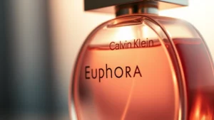 calvin klein euphoria fragrance - Close-up of Calvin Klein Euphoria bottle with warm golden lighting, showing the