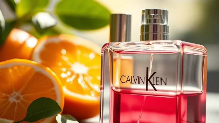 calvin klein men's fragrance - Close-up of Calvin Klein fragrance bottle with morning light and fresh citrus ae