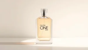 calvin klein one fragrance - Minimalist fragrance bottle with clean geometric design, soft lighting, neutral