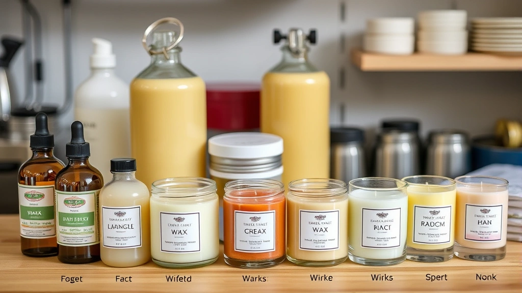 candle fragrance oil - 
Professional candle-making setup showing fragrance oil bottles, different wax t