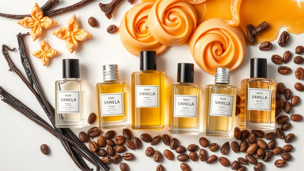 candy fragrance perfume - 
Flat lay of various candy fragrance perfume bottles arranged with vanilla pods,