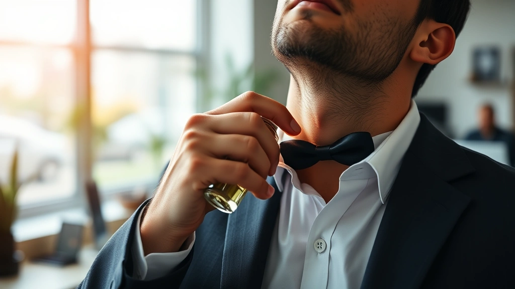 canoe cologne - 
Man applying canoe cologne to neck pulse point, professional office setting in 