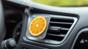 car fragrance diffuser - Close-up of vent clip diffuser installed in car dashboard vent with fresh citrus