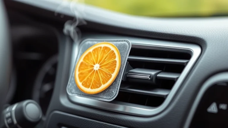 car fragrance diffuser - Close-up of vent clip diffuser installed in car dashboard vent with fresh citrus