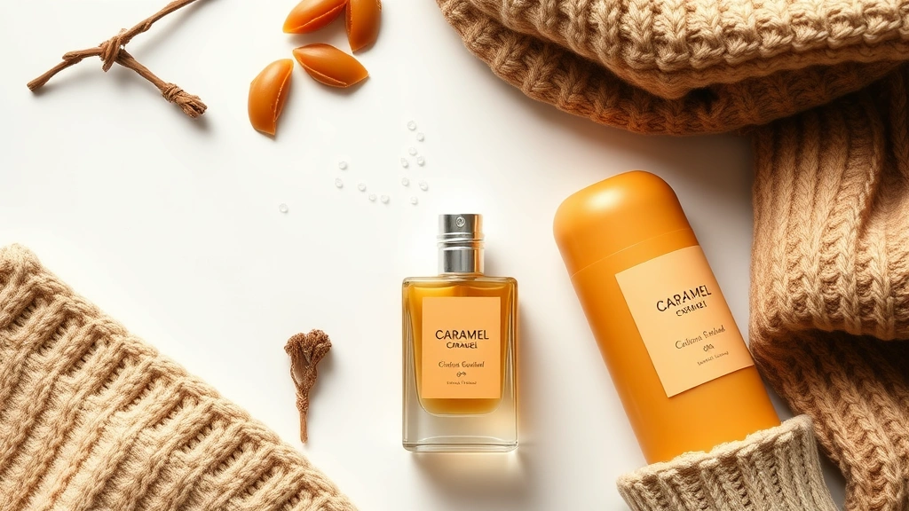caramel fragrances - 
Flat lay of caramel fragrance layered with matching body lotion and a cozy swea