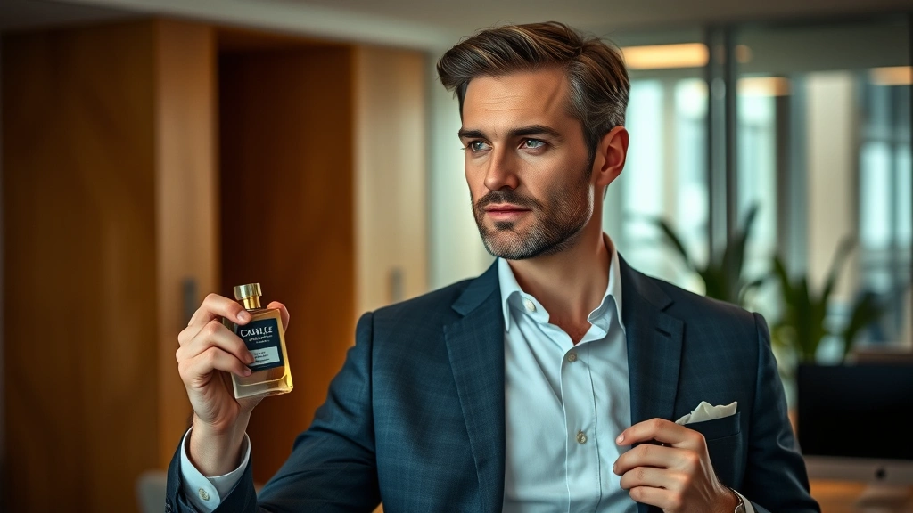 carlisle cologne - 
Lifestyle image of well-dressed man in office setting wearing Carlisle Cologne 