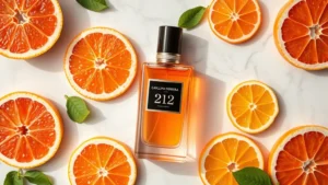 carolina herrera 212 fragrance - Overhead flat lay of Carolina Herrera 212 bottle on marble surface with fresh ci