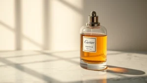 cartier cologne - Cartier cologne bottle on marble surface with soft morning light casting shadows