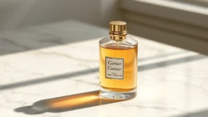 cartier fragrance for him - Cartier fragrance bottle with gold accents and elegant minimalist design on marb