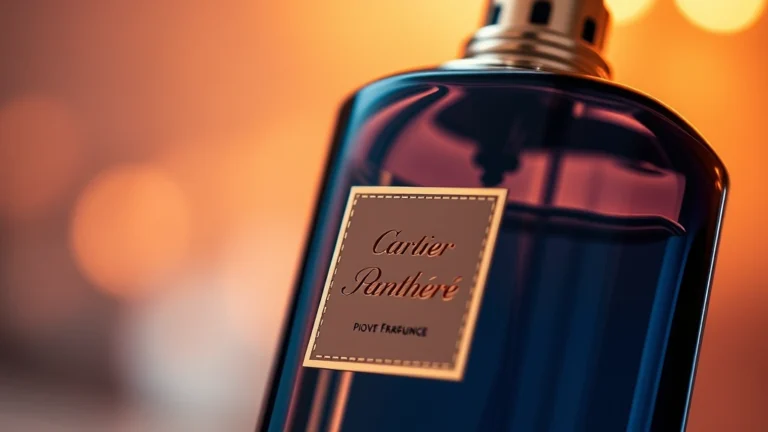 cartier womens fragrances - Close-up of Cartier La Panthère fragrance bottle with soft warm lighting, elegan