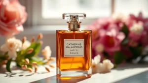 catherine malandrino fragrance - Elegant amber glass bottle of Catherine Malandrino fragrance with soft natural l