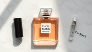 chanel fragrance - Flat lay of Chanel fragrance bottle with matching body lotion and travel atomize