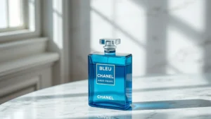 chanel fragrance for men - Bleu de Chanel bottle shot on marble with soft natural lighting, showing the ico