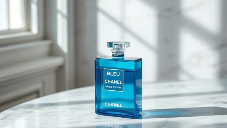 chanel fragrance for men - Bleu de Chanel bottle shot on marble with soft natural lighting, showing the ico