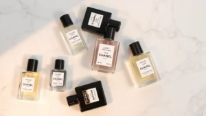 chanel fragrance samples - Flat lay of multiple Chanel fragrance sample vials arranged on white marble with