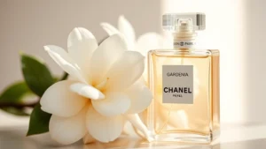 chanel gardenia cologne - Close-up of Chanel Gardenia Cologne bottle with gardenia flowers in soft morning